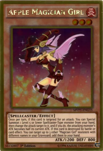 Yu-Gi-Oh! Apple Magician Girl (MVP1-ENG15), de la película The Dark Side of Dimensions, edición dorada, primera edición, raro dorado.