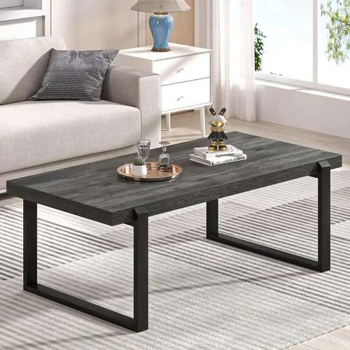 EXCEFUR Mesa de café moderna, mesa central de madera rústica y metal, mesa de té rectangular de cóctel para sala de estar, gris, 44 pulgadas