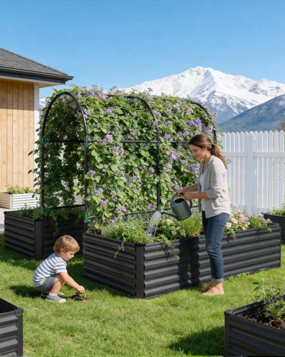 Miniatura 7 de Cama de jardín elevada con enrejado de arco para plantas trepadoras, cama de jardín elevada galvanizada, jardineras al aire libre para verduras