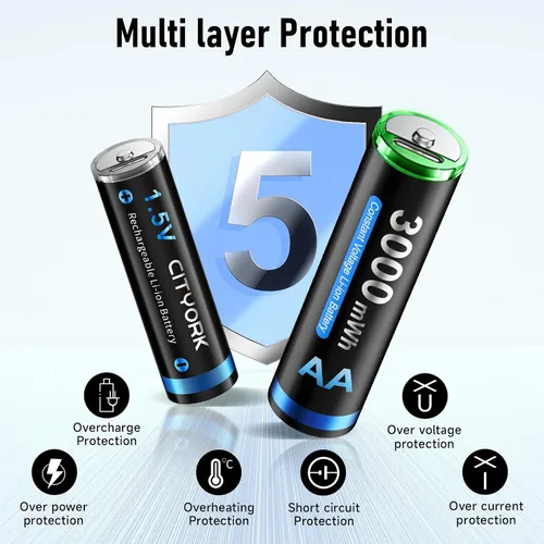 Miniatura 8 de CITYORK Baterías recargables AA de litio de 3000 mWh, paquete de 8, batería doble A recargable USB de 1.5 V