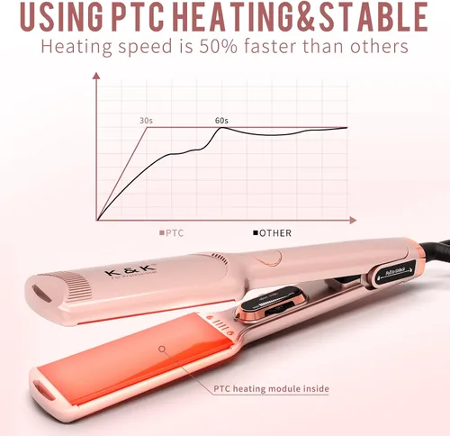Miniatura 4 de K&K Plancha de pelo de 1 3/4 pulgadas con titanio galvanizado, temperatura ajustable, alta temperatura, 450 grados, 30s, calienta instantáneamente