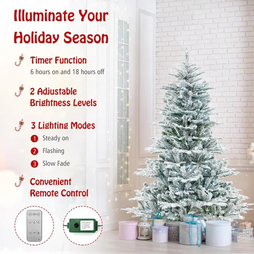 Miniatura 3 de DORTALA Árbol de Navidad flocado preiluminado de 6 pies, árbol de Navidad artificial con bisagras con 500 luces LED blancas frías, control remoto, 3