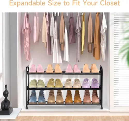 Miniatura 4 de Zapatero expandible de 3 niveles para el suelo del armario, organizador de zapatos pequeño ajustable de 16 a 30 pulgadas para entrada, puerta