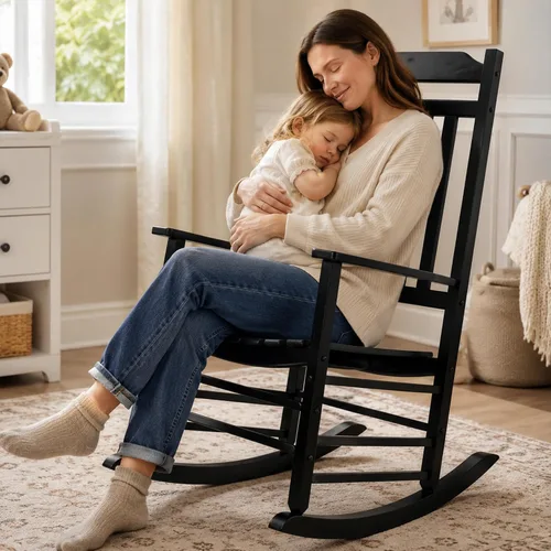 Miniatura 8 de Kozyard Mecedora de madera, silla mecedora de madera maciza para exteriores con respaldo alto y asiento de listones, mecedora ergonómica