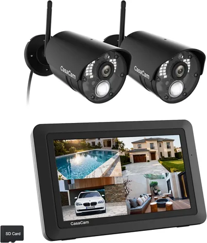 CasaCam GuardianCam Air | Sistema de cámara de seguridad inalámbrica con monitor de pantalla táctil de 7 pulgadas y 2 cámaras de 720p | Alimentado