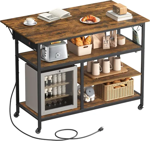 Miniatura 10 de VASAGLE Isla de cocina con hoja abatible, carrito de cocina rodante de 47.2" de ancho con regleta de enchufes, superficie de trabajo extensible