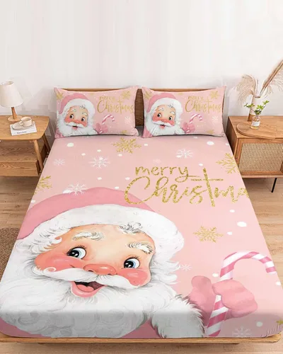 Juego de sábanas bajeras de tamaño Queen de 5 a 16 pulgadas de profundidad, lindo Papá Noel, suave sábana bajera de copo de nieve y lunares sobre