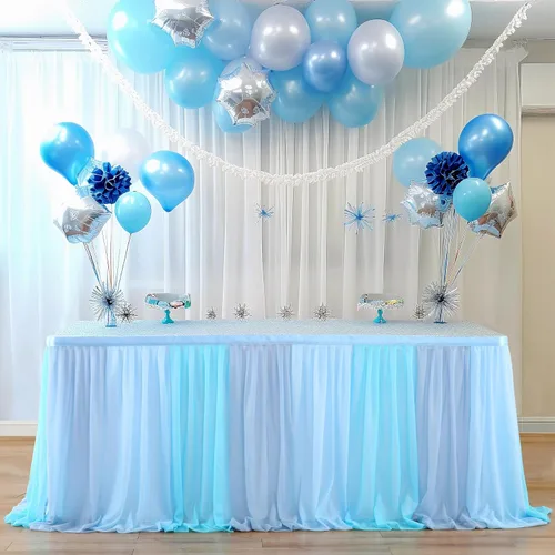 Miniatura 15 de Falda de mesa de tul de sirena azul rosa púrpura con rayas para mesas rectangulares Frozen Baby Shower Fiestas de cumpleaños de sirena Decoración 6