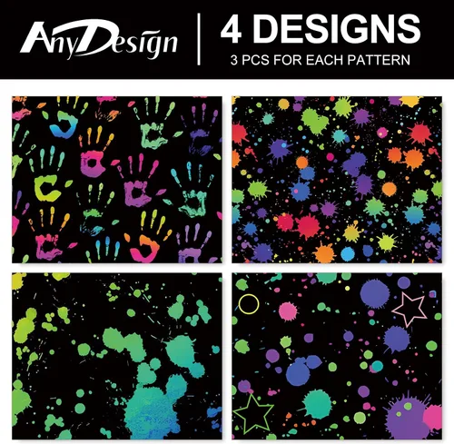 Miniatura 3 de AnyDesign 12 hojas de papel de regalo colorido, no enrollado, 4 diseños, papel de regalo de neón negro plegado plano para fiesta brillante