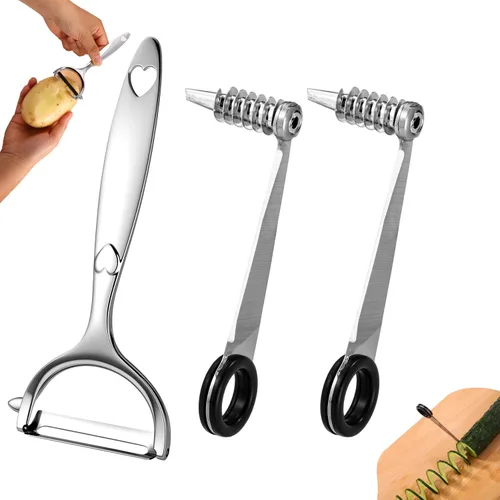 Lyreh 2 cortadores en espiral de verduras y 1 herramienta en forma de V para pelar verduras, herramienta espiralizadora manual de acero inoxidable,
