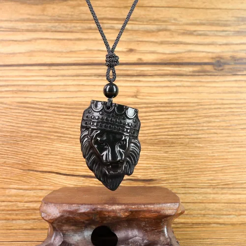 Miniatura 3 de COAI Collar con colgante de piedra de obsidiana Rey León coronado