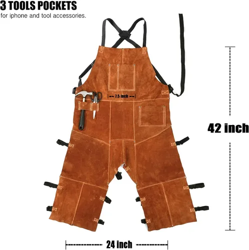 Miniatura 2 de Delantal de pierna dividida de cuero con mangas de soldadura, protección contra calor y llamas, ajustable de M a XXXL para hombres y mujeres, 24 x