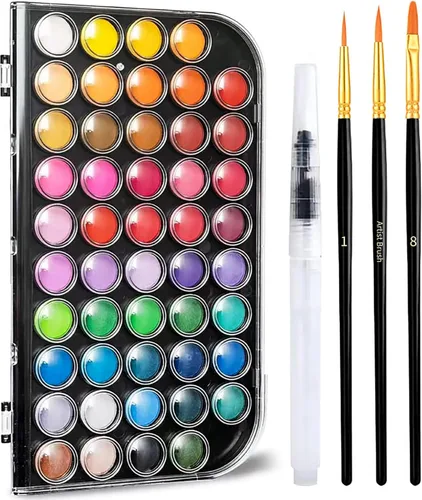 GETHPEN Pintura de acuarela, juego de pintura de acuarela, juego de pintura de acuarela lavable de 48 colores con pincel, bolígrafo de agua
