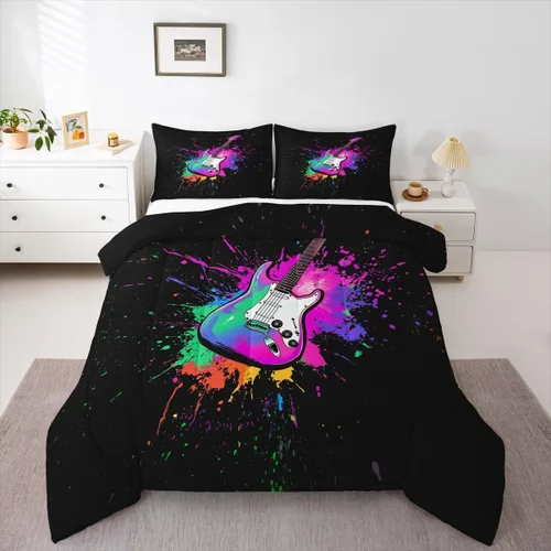 Miniatura 17 de Juego de ropa de cama de guitarra, tamaño individual para niños y niñas, juego de edredón con teclados de piano, temática musical, inserto