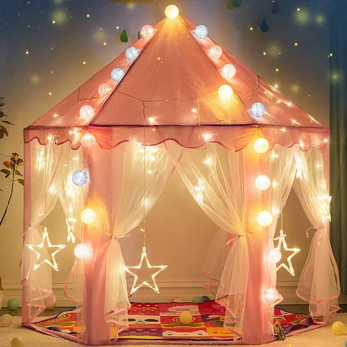 Miniatura 2 de wilwolfer tienda de campaña tipo castillo de princesa para niñas, tienda de campaña hexagonal grande para jugar, casa de juegos con luces de Rosa