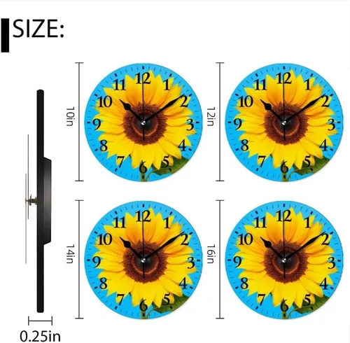 Miniatura 7 de Reloj de pared, funciona con pilas, redondo, silencioso, sin tictac, girasol contra fondo azul, reloj decorativo para cocina, baño, sala de estar
