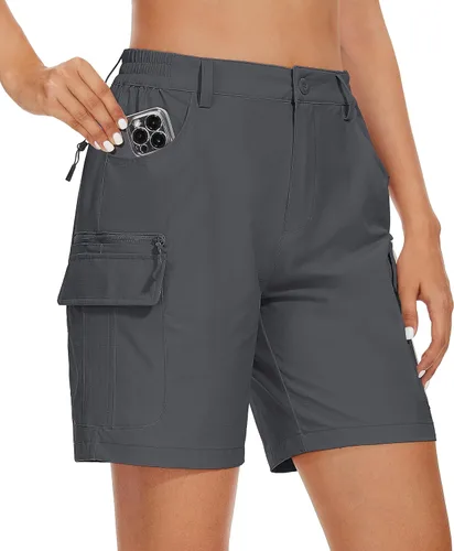 MAGCOMSEN Pantalones cortos tipo cargo de senderismo para mujer de 7 pulgadas con 6 bolsillos, cintura alta, pantalones cortos de verano ligeros de
