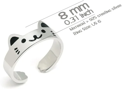 Miniatura 5 de Anillo de gato de plata de ley 925 lindo anillo de gatito joyería de moda ajustable tamaño (EE. UU. 6.5), Plata de ley