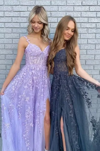 Miniatura 4 de Vestidos de fiesta con tirantes delgados para mujer, apliques de encaje, hombros descubiertos, tul sexy, dividido, largo, formal, vestidos de fiesta