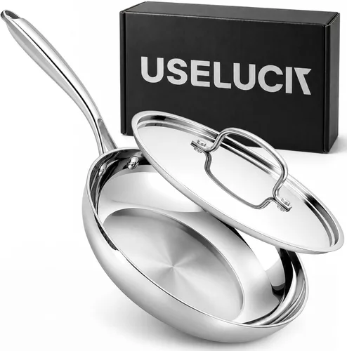 USELUCK Sartén de acero inoxidable de 12 pulgadas con tapa, sartén revestida de acero inoxidable de 3 capas, calentamiento rápido y uniforme, apto