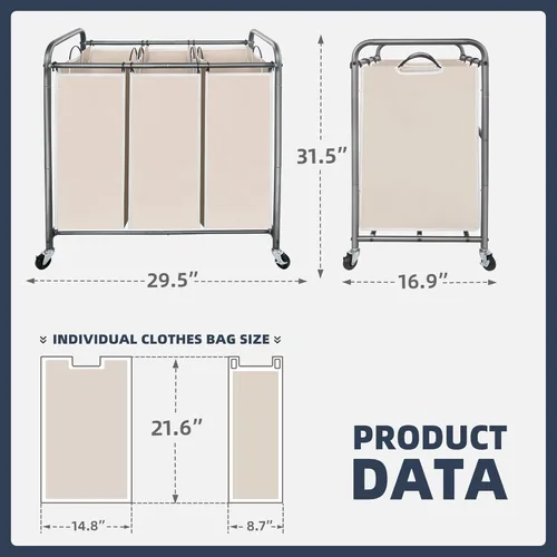 Miniatura 6 de STO STO Organizador de ropa sucia de 3 secciones, cesta de ropa con 3 bolsas, cesta de lavandería con ruedas resistentes y bolsa extraíble para Beige