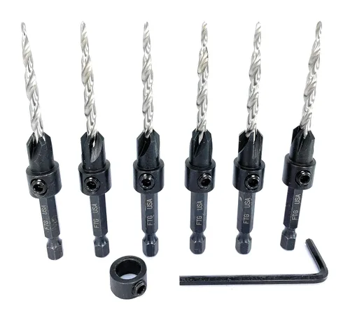 Miniatura 4 de FTG USA Juego de 6 brocas avellanadoras #8 (11/64 pulgadas) con collar de tope de profundidad, llave hexagonal, brocas cónicas para madera
