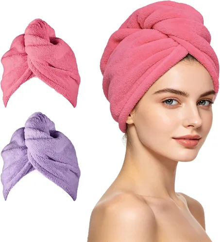 ADOGO Toalla de microfibra para el cabello, paquete de 2 turbantes para cabello mojado, toallas de secado para mujeres y niños, adecuadas para todo