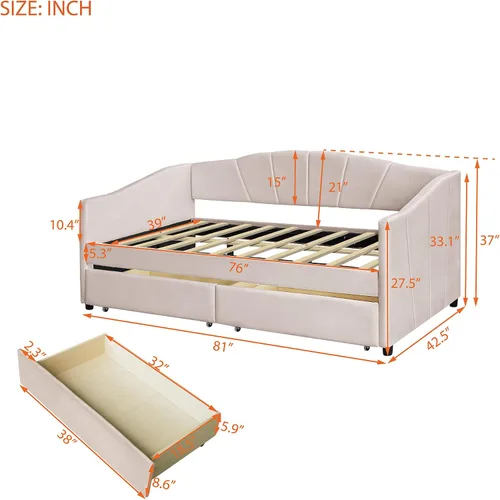 Miniatura 2 de Sofá cama individual con 2 cajones tapizado moderno, plataforma para sofá cama, marco de listones de soporte para dormitorio, sala de estar,