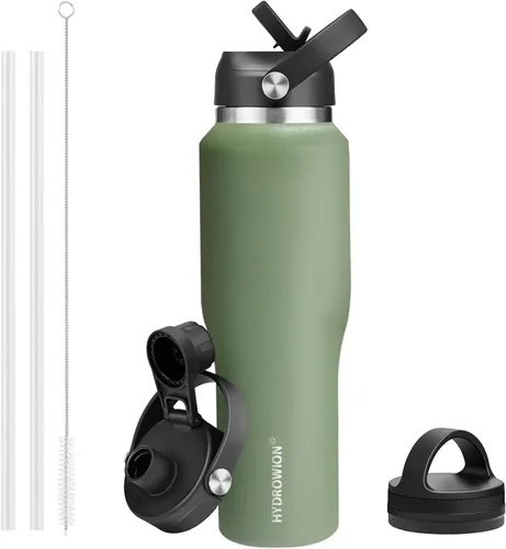 Miniatura 17 de HYDROWION Botella de agua de acero inoxidable, 32 onzas, boca ancha, doble pared, aislada al vacío, con tapa de pajilla, tapa de boquilla y tapa