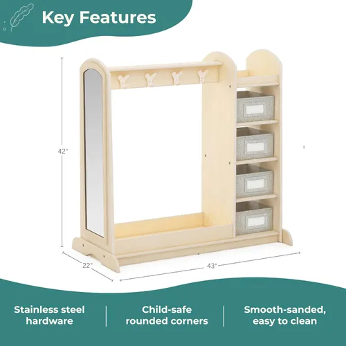 Miniatura 2 de Guidecraft EdQ - Almacenamiento de disfraces con cubos Natural: Perchero para niños con espejo, estante de almacenamiento de zapatos y cubículos