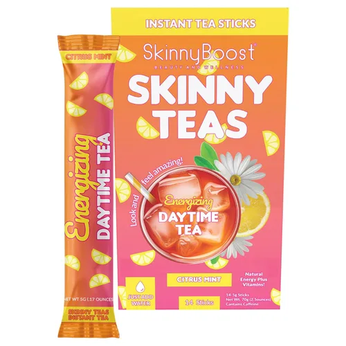 Skinny Teas - Palitos de té energizante diurno, té instantáneo de menta cítrica, energía natural + apoyo al metabolismo, vitaminas + fibra
