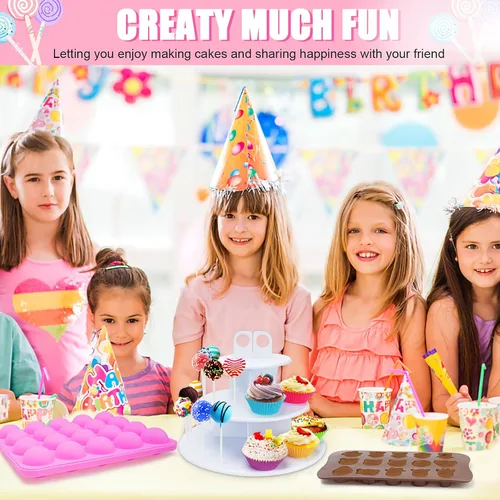 Miniatura 8 de Kit para hacer pasteles con 3 juegos de moldes de silicona, soporte de exhibición de 3 niveles, puntas de tuberías, magdalenas, instrucciones