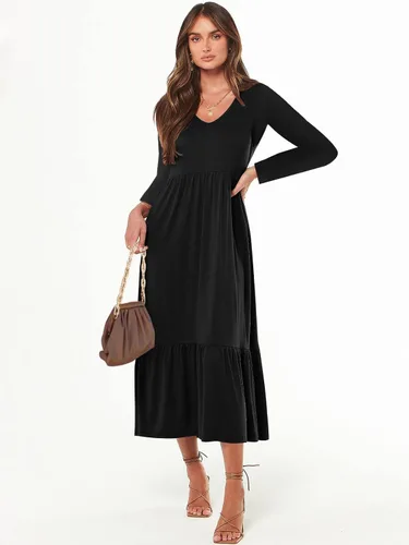 Miniatura 5 de Paintcolors Vestido largo casual de manga larga con cuello en V para mujer, vestido escalonado, color sólido, holgado, con vuelo, vestido midi