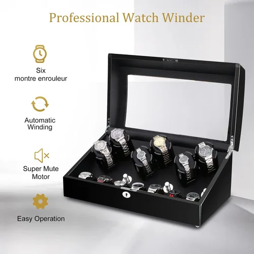 Miniatura 9 de Watch Winder, 6 Watch Winder Box with 7 Extra Storage, Black Wooden Shell, Watch Winder Display Case with Quiet Motor and Flexible Watch Pillows