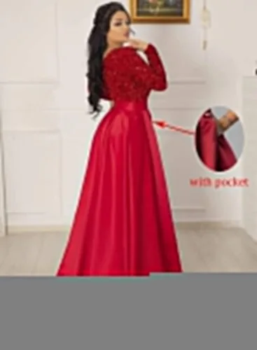 Miniatura 2 de Miao Duo YZTS055 - Vestido de fiesta de graduación con lentejuelas brillantes para mujer, con bolsillos, manga larga, de satén, formal