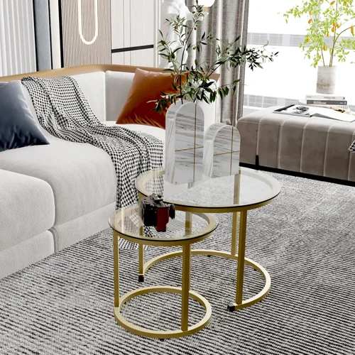 Miniatura 6 de aboxoo Juego de 2 mesas de centro anidables doradas, pequeñas mesas redondas de vidrio para sala de estar, dormitorio, mesa de té decorativa