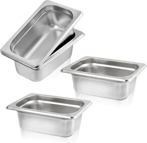 Paquete de 4 bandejas de 1/9 de tamaño de 2 1/2 pulgadas de profundidad, sartén de vapor antiatascos de acero inoxidable 18/8 comercial NSF, sartén