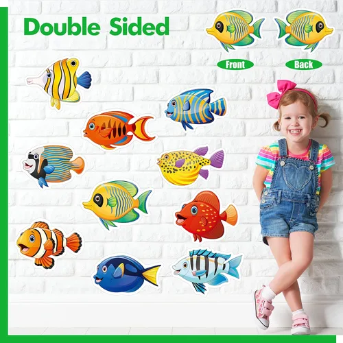 Miniatura 3 de 50 recortes de peces tropicales, impresión a doble cara, acentos de animales marinos y peces, recortes para tablón de anuncios, decoración de aula