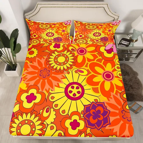 Miniatura 13 de Juego de ropa de cama con diseño floral bohemio, tamaño individual, diseño retro de flores groovy, 60S y 70S, diseño de flores hippie para niños