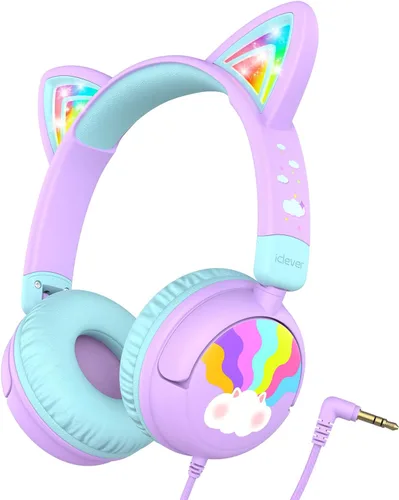 Miniatura 8 de iClever - Auriculares infantiles con diseño de oreja de gato, luz LED, volumen seguro de 85 dBA, auriculares estéreo para niños para viajes