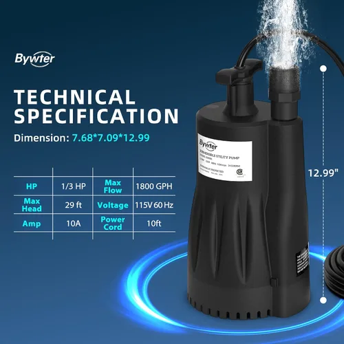 Miniatura 2 de Bomba de agua sumergible de 1/3 HP, bomba de sumidero de 1800 GPH con carcasa termoplástica, bomba de agua eléctrica portátil de 115 V con cable