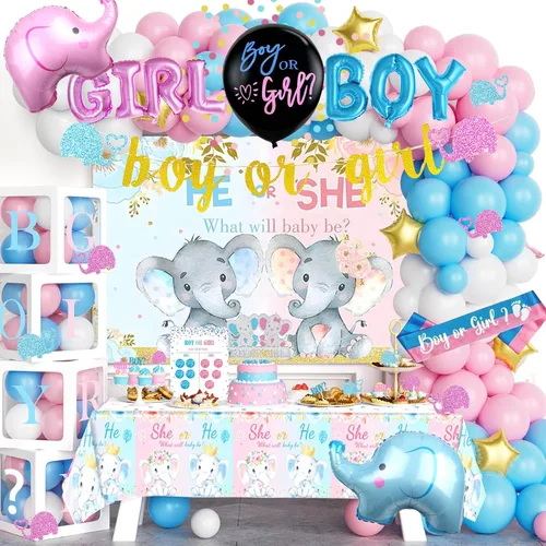 Miniatura 19 de Hombae - 170 piezas de decoraciones para revelación de género “cajas de bebé”, con fondo, guirnalda de globos, pancarta, mantel