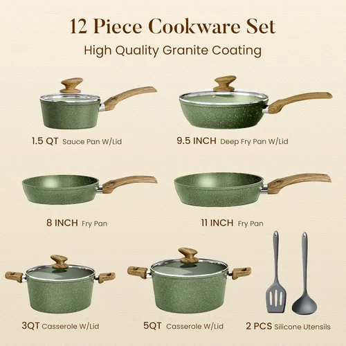 Miniatura 7 de Kitchen Academy Juego de ollas y sartenes no tóxicas antiadherentes, juego de utensilios de cocina de inducción de 12 piezas, juego de ollas y Verde