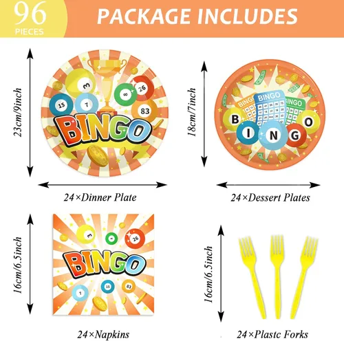 Miniatura 2 de Wiooffen 96 piezas de suministros para fiesta de bingo para 24 invitados, juego de vajilla para fiesta de bingo, decoración para fiesta, bingo