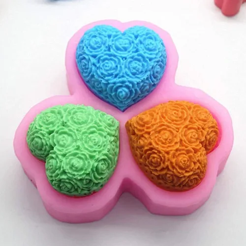 Miniatura 6 de Molde de silicona para jabón de 3 cavidades con forma de corazón de rosa para decoración de pasteles, chocolate, vela, bomba de baño, barra de loción