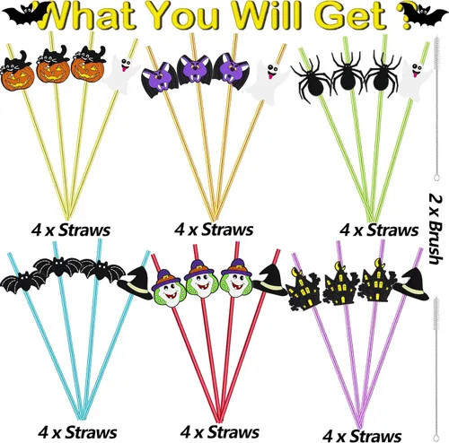 Miniatura 4 de 24 popotes rectos reutilizables para fiesta de Halloween, castillo, murciélago, calabaza, fantasma, gato, bruja, araña, pajitas rectas 6color