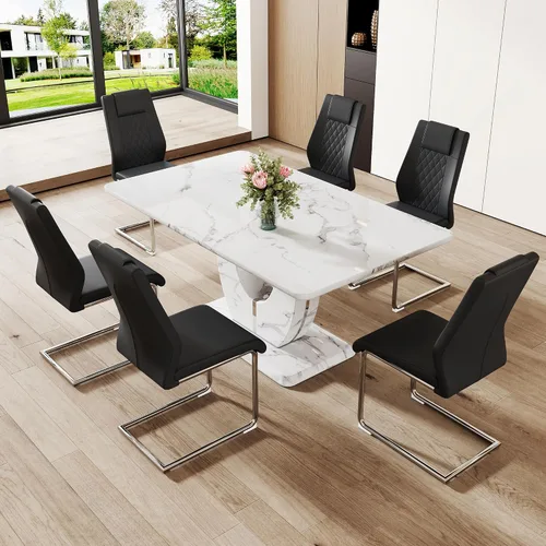 Miniatura 11 de Juego de 6 sillas de mesa de comedor para 6, juego de 6, moderno juego de comedor con mesa de comedor de mármol de 63 pulgadas, sillas tapizadas