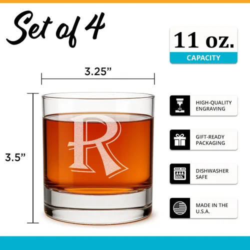 Miniatura 3 de Juego de 4 vasos de cristal de 11 onzas, grabados, con base pesada. De: On The Rox