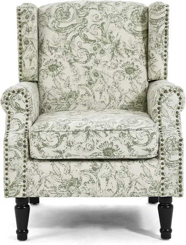 Miniatura 7 de Silla de Acento de Respaldo Alto, Sillón Tapizado en Tela para Sala de Estar, Sillón Wingback con Estampado Floral con Patas de Madera Maciza, Sofá