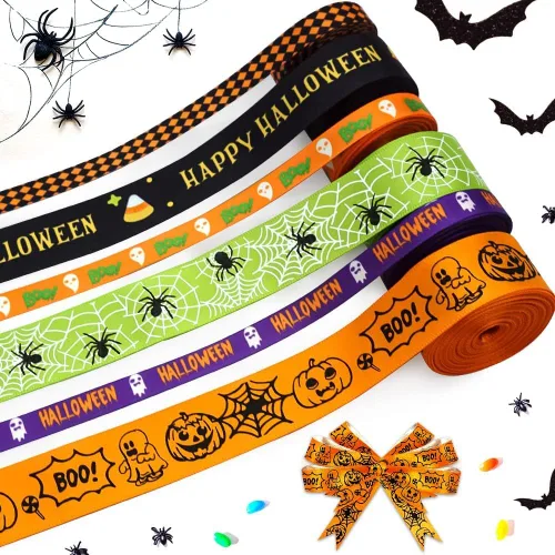 Hying 6 cintas de calabaza de Halloween, 3/8 pulgadas de ancho de satén para manualidades en naranja y negro para envolver regalos y decoraciones